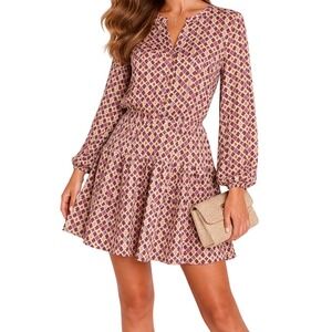 Loft Dress Tiered Mini Geometric Tile Print Polyester Brown Pink 12P NEW